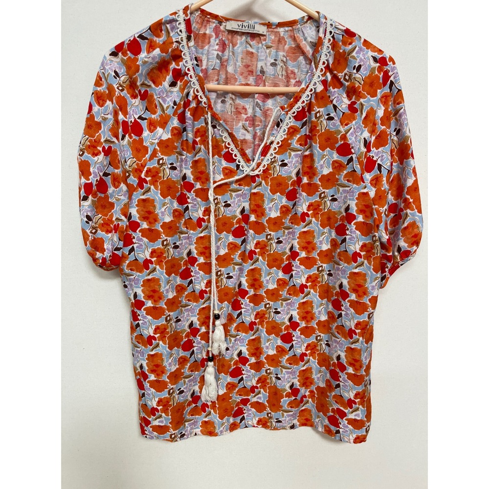 Vivilli Floral Peasant Blouse Orange Blue Tassel Tie Crochet Trim Top Size M